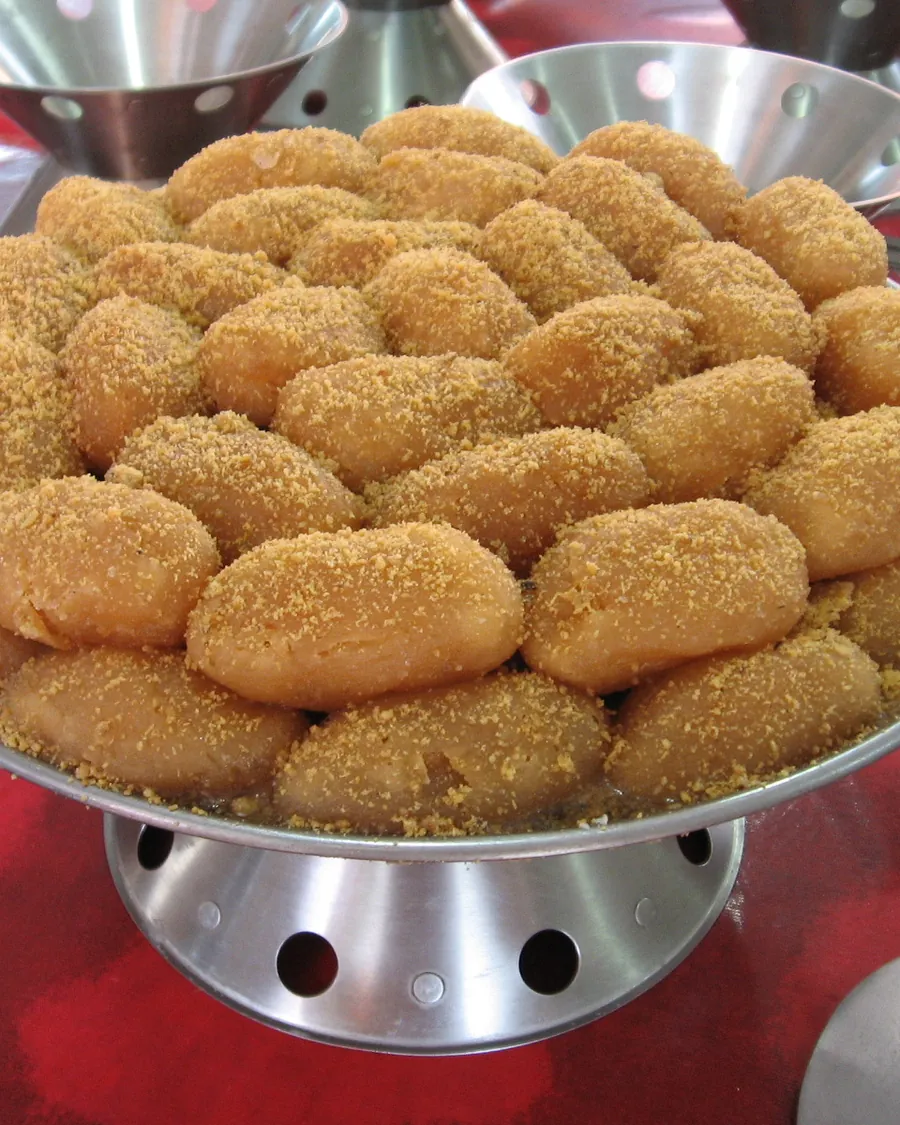 A tray of golden chomchom sweets